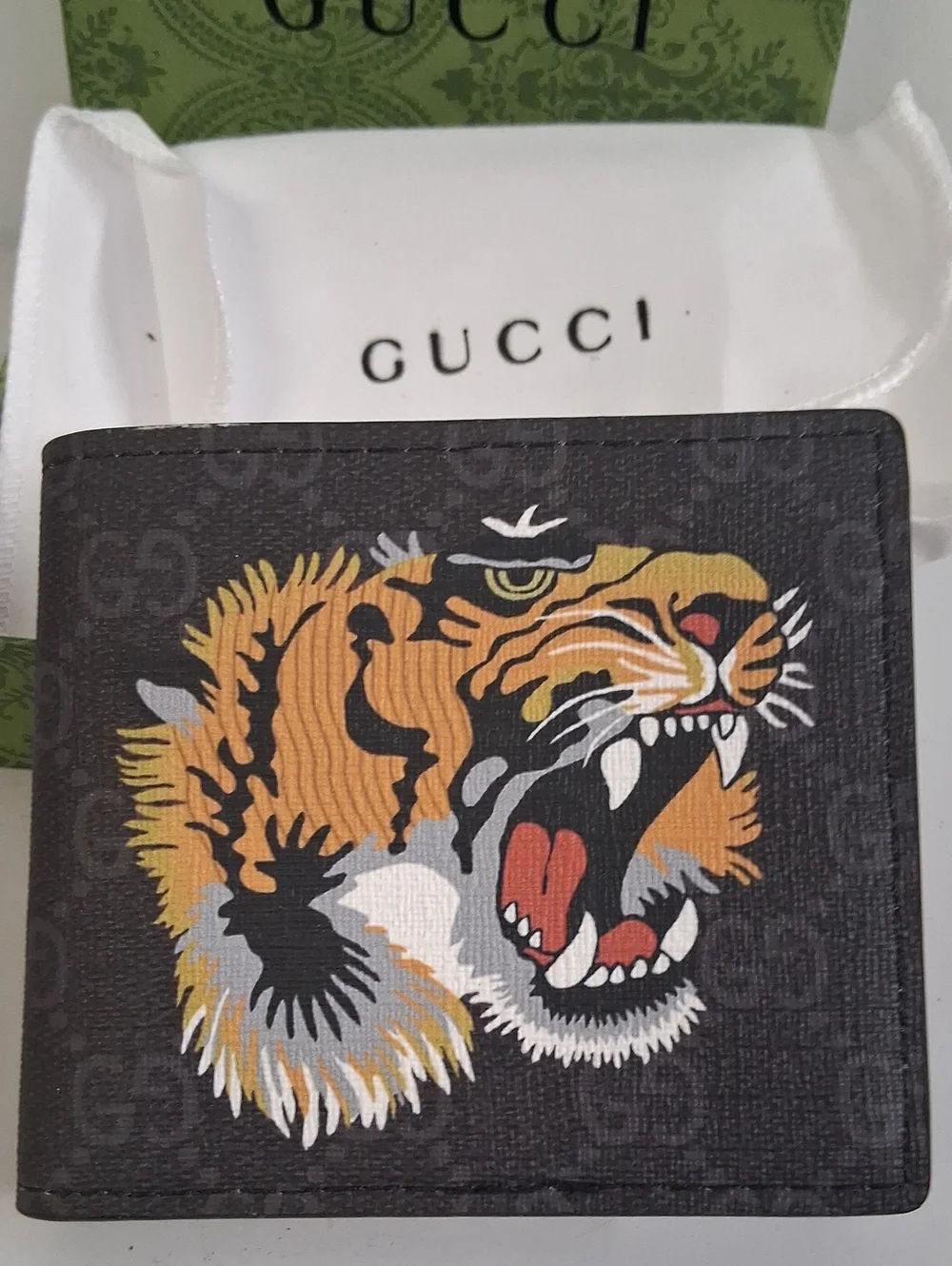 New In Box Gucci Black Wallet with Bold Tiger Motif